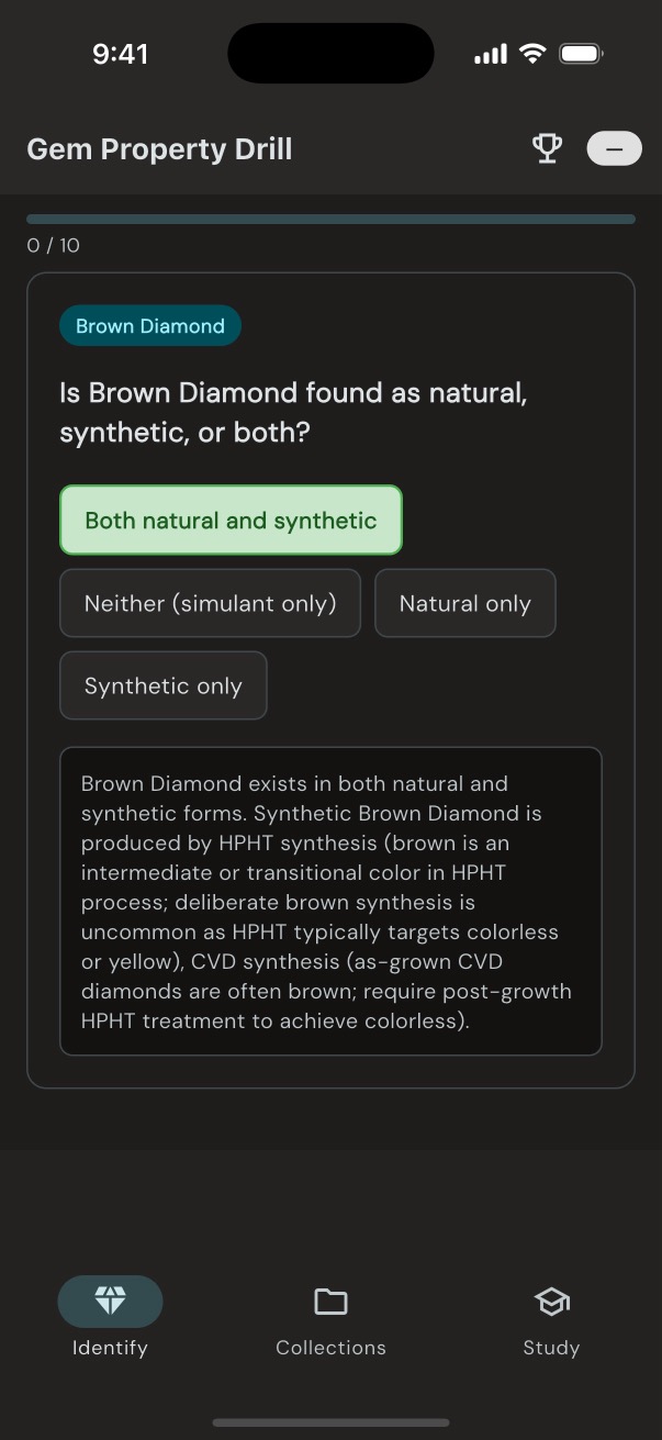 Loupewise drill card after answering, showing correct answer highlighted in green with detailed explanation