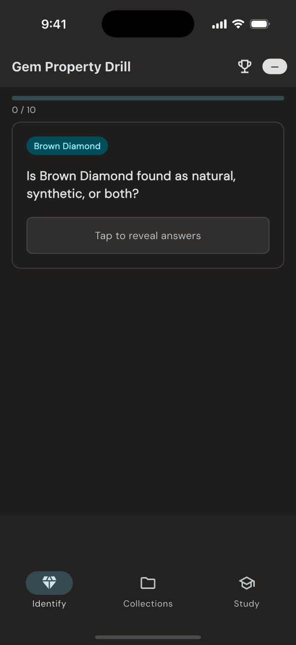 Loupewise drill card showing a gem property question with Tap to reveal answers button