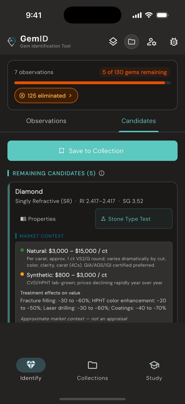 Loupewise diamond identification showing market context with natural and synthetic pricing