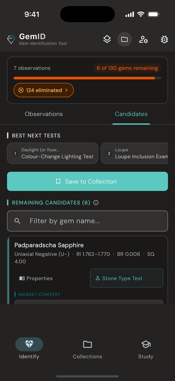 Loupewise identify screen showing 7 observations entered, 6 of 130 gems remaining, with suggested next test