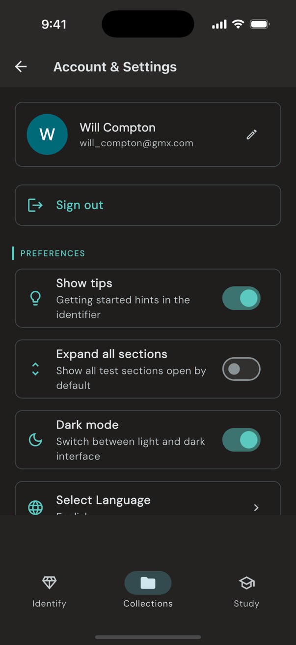 Loupewise settings screen showing profile, preferences, dark mode, and language selection