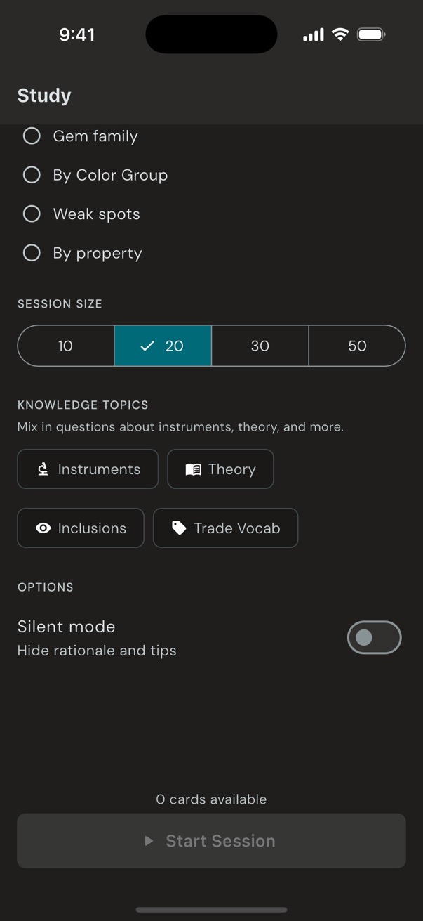 Loupewise study configuration showing session size, knowledge topics, and silent mode