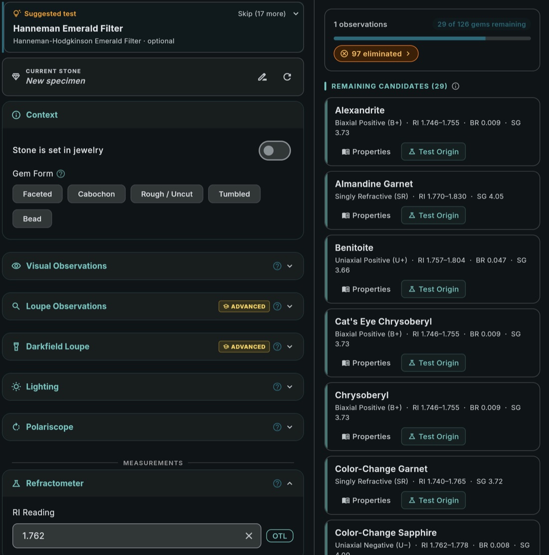 Loupewise filtering candidates by refractive index
