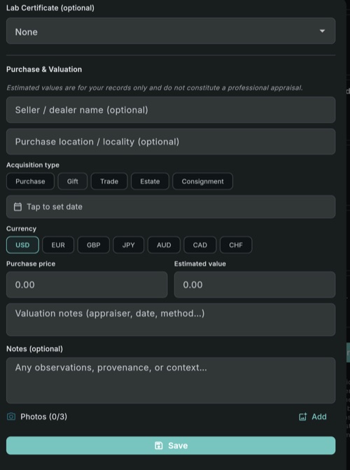 Loupewise save session screen with purchase price, estimated value, and seller information fields