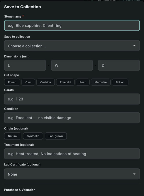 Loupewise save dialog showing stone name, collection, dimensions, cut shape, carats, origin, treatment, and lab certificate fields